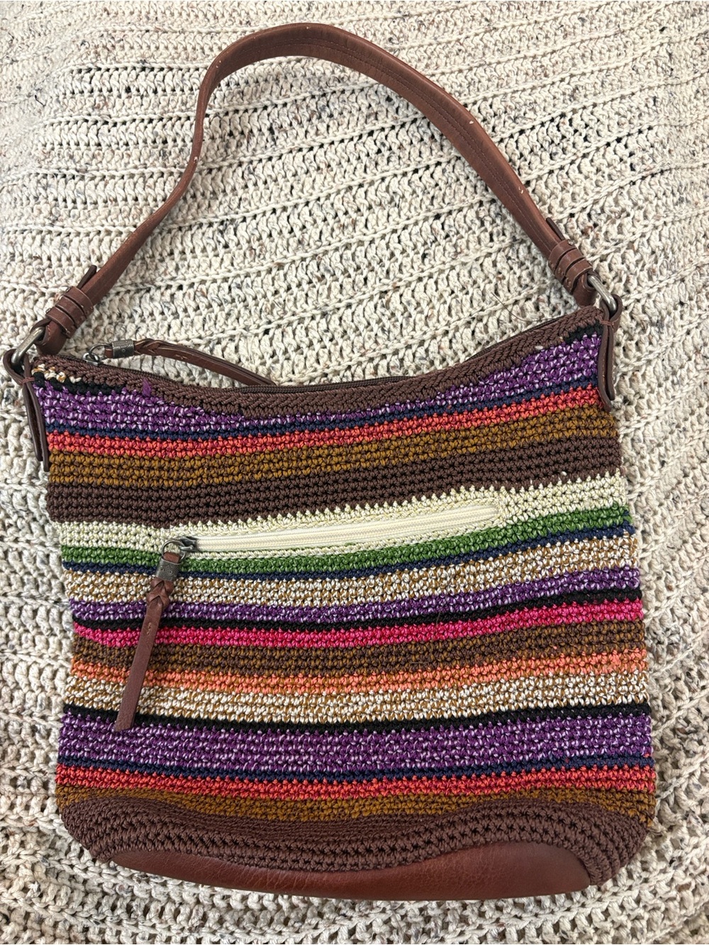 Preloved The Sak Brown Crochet Shoulder Bag with Multicolor Stripes